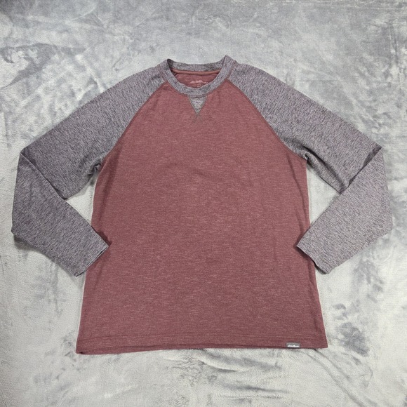 Eddie Bauer T Shirt Men L Maroon Gray Colorblock Crew Neck Heathered Long Sleeve - Picture 1 of 7